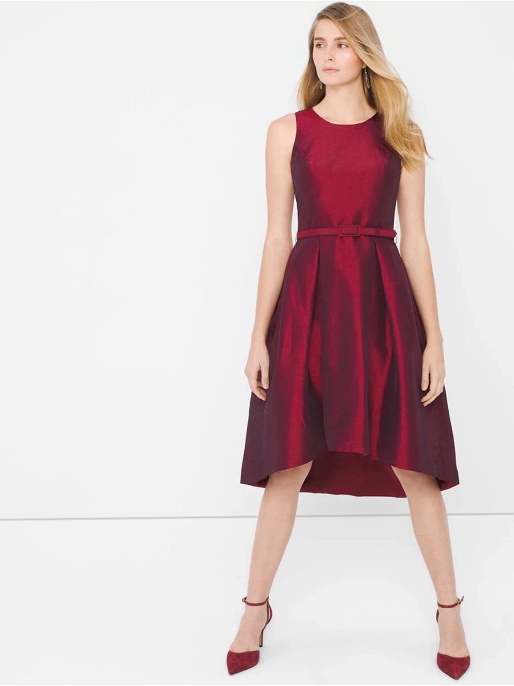 White House Black Market Burgundy Taffeta High-Low Holiday Dress Belted 2